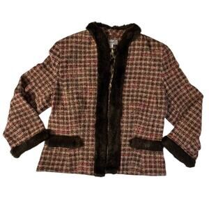 Andrea Behar Retro Pink & Brown Faux Fur Trim jacket Size 10